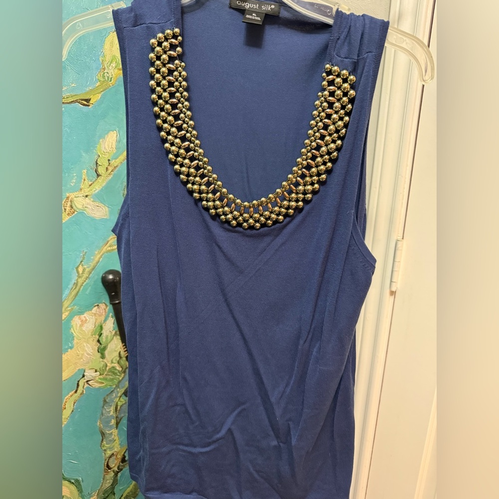 August Silk Navy Tank Top with Gold Beaded Neckline